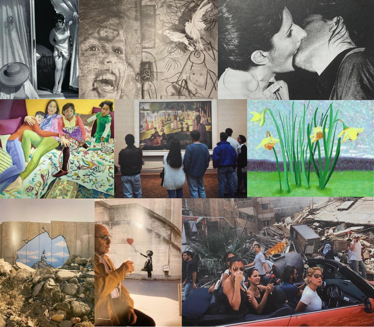 Collage verschiedener Fotos und Kunstwerke: Menschen, Gemälde, Blumen, Straßenszenen und Trümmer